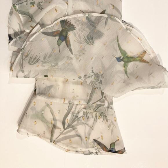 NWOT TED BAKER Top 1/4 Ivory Chiffon Hummingbird Gold Silver Swiss-Dot Long-Slv - Picture 12 of 13